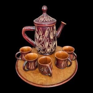 Hand Carved Haitian Wooden Coffee Tea Set Pot 5 Cups Tray Vintage Folk Art